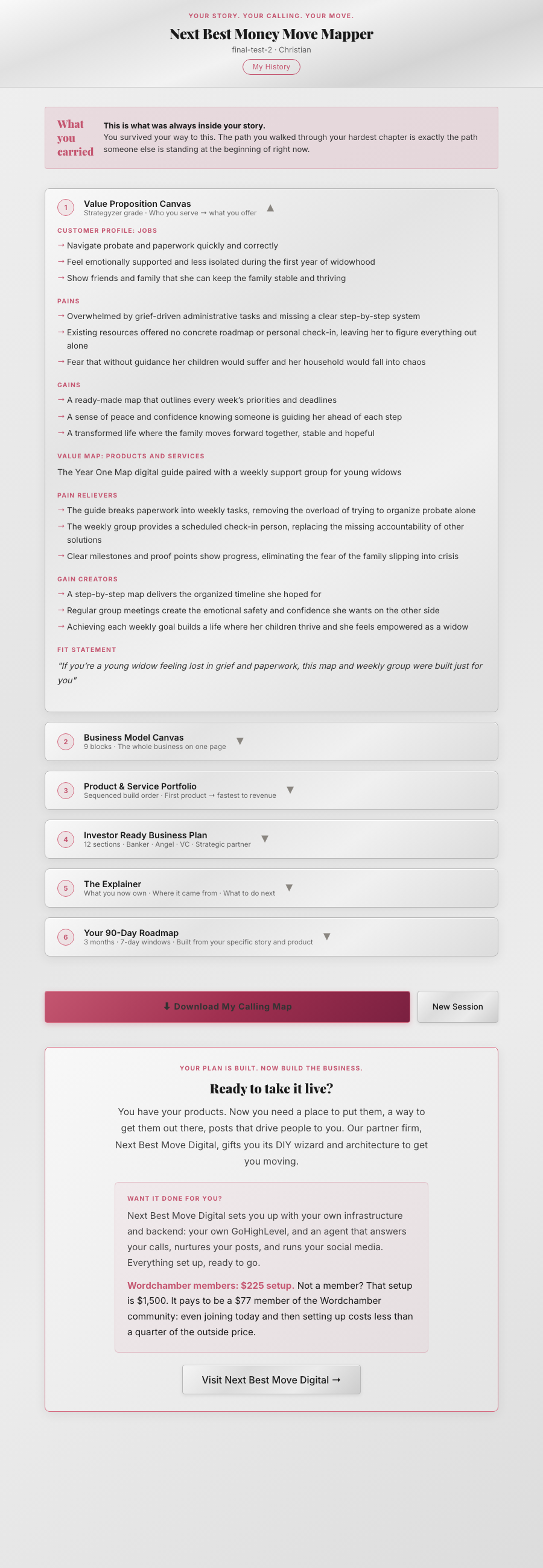 Real Value Proposition Canvas screen from the tool