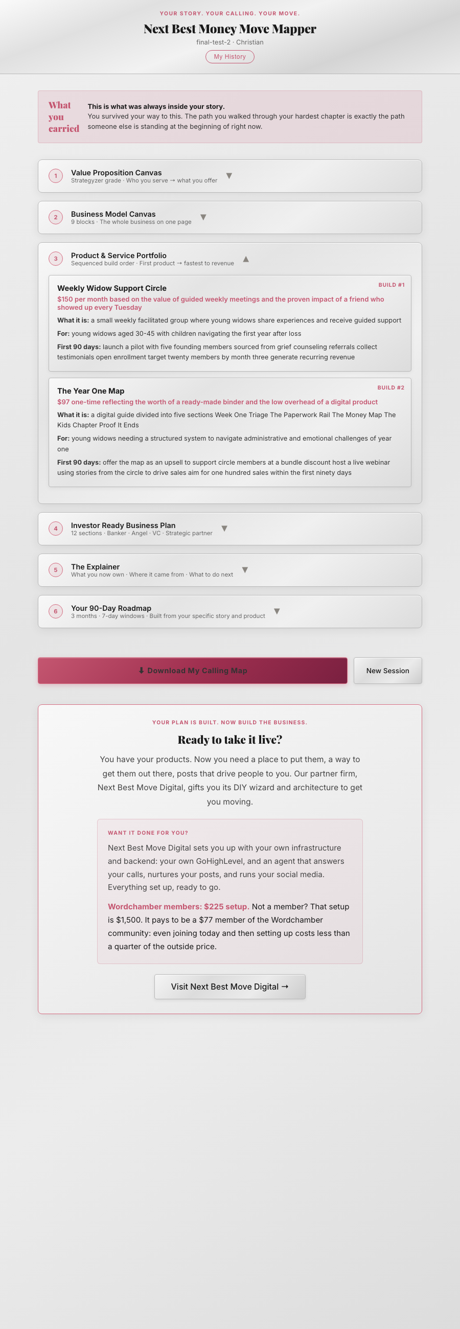 Real Product and Service Portfolio screen from the tool