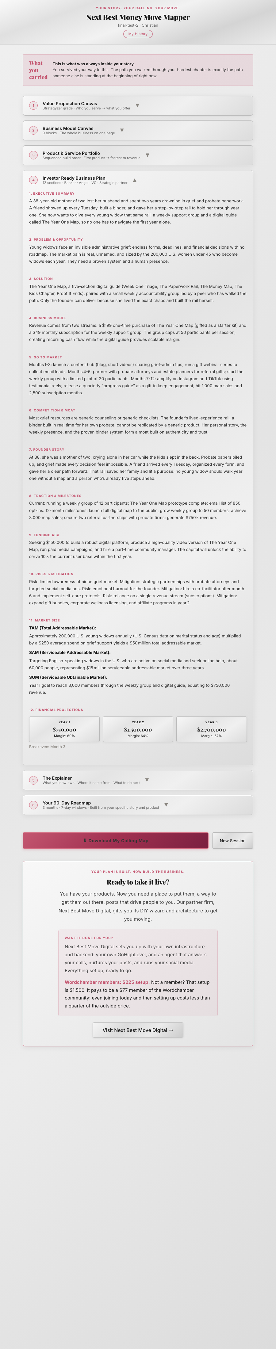 Real Investor Ready Business Plan screen from the tool