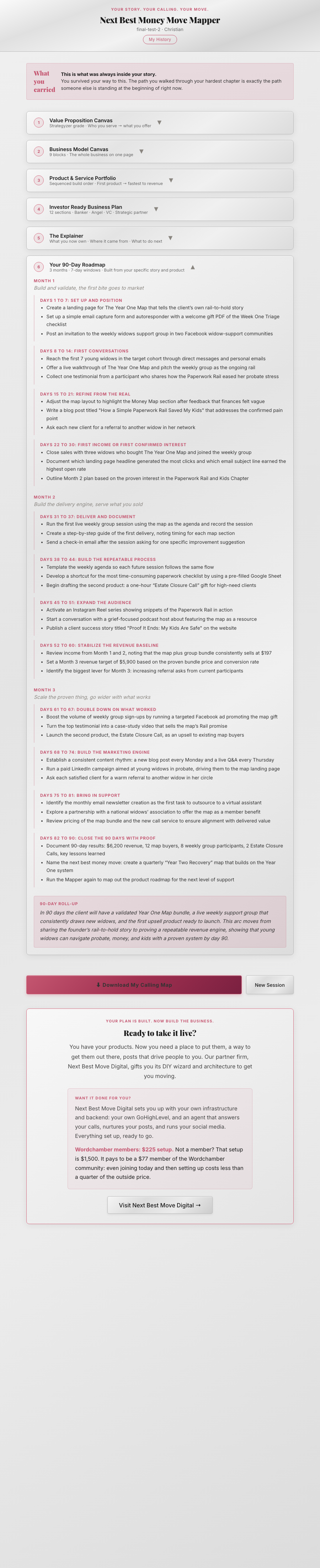 Real 90-Day Roadmap screen from the tool